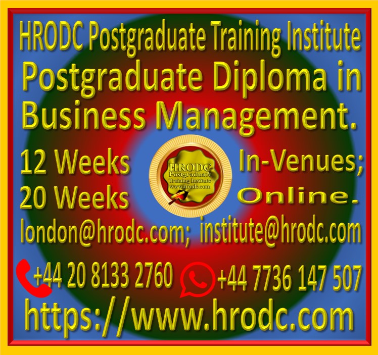 Graphics introducing Postgraduate Diploma in Business Management, from HRODC Postgraduate Training Institute. It is hyperlinked to the respective brochure for viewing and, or download.