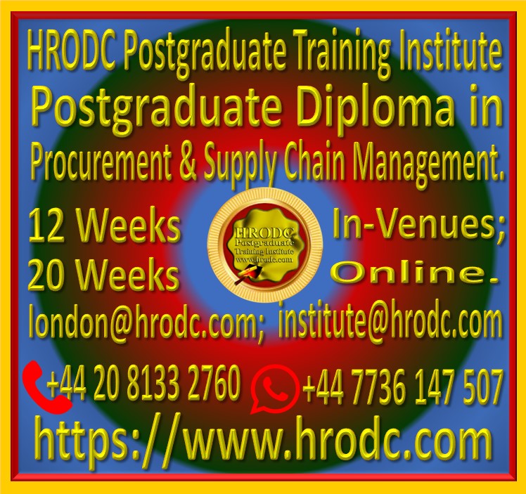 Graphics introducing Postgraduate Diploma in Procurement and Supply Chain Management, from HRODC Postgraduate Training Institute. It is hyperlinked to the respective brochure for viewing and, or download.