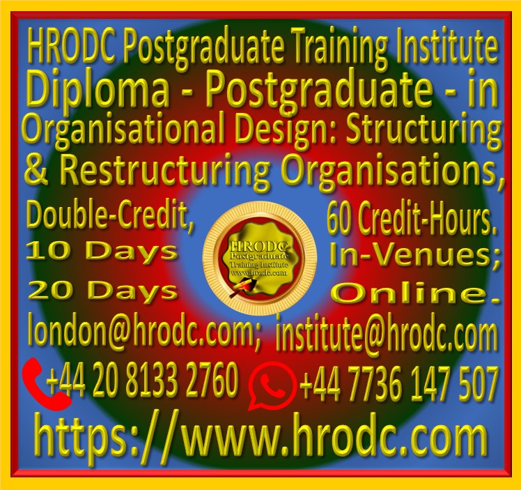 Graphics introducing “Graphics introducing “Diploma - Postgraduate - in Organisational Design: Structuring and Restructuring Organisations, Double-Credit, 60 Credit-Hours”, from HRODC Postgraduate Training Institute. It is hyperlinked to the respective brochure for viewing and, or download.