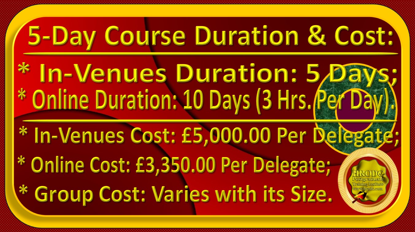 Website Caption For Course Duration and Cost. Included in the caption are the duration and cost of In-Venues and Online Course Deliveries, for this course, from HRODC Postgraduate Training Institute, A Postgraduate-Only Institution (https://www.hrodc.com). 