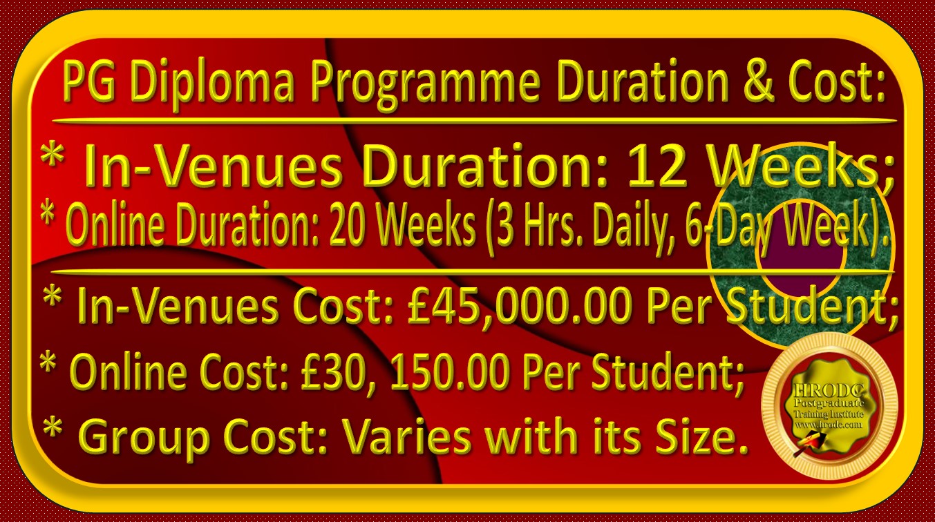 Website Caption For Programme Duration and Cost. Included in the caption are the duration and cost of In-Venues and Online Deliveries, for this Postgraduate Diploma Programme, from HRODC Postgraduate Training Institute, A Postgraduate-Only Institution (https://www.hrodc.com). 