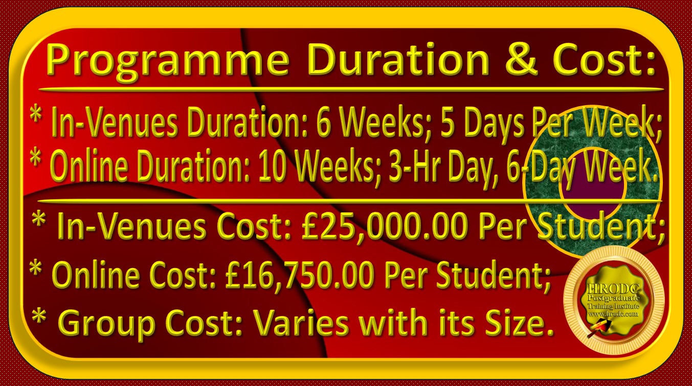 Website Caption For Programme Duration and Cost. Included in the caption are the duration and cost of In-Venues and Online Deliveries, for this Postgraduate Certificate Programme, from HRODC Postgraduate Training Institute, A Postgraduate-Only Institution (https://www.hrodc.com). 