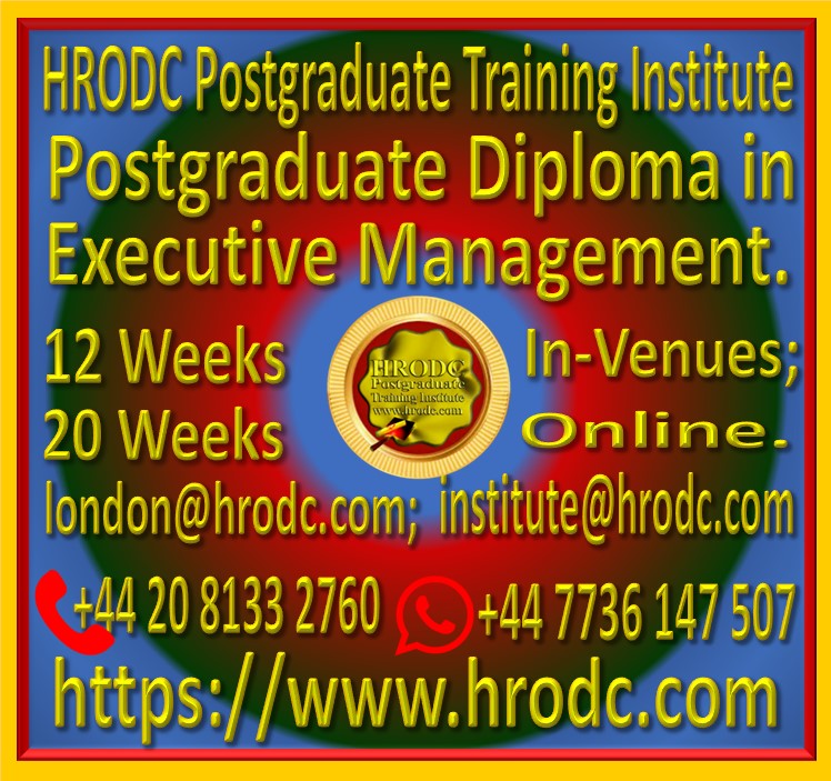Graphics relating to our Institutes name, Award Name, Duration In-Venues and Online (with contact details) of a Postgraduate Diploma Programme, from HRODC Postgraduate Training Institute, https://www.hrodc.com.
